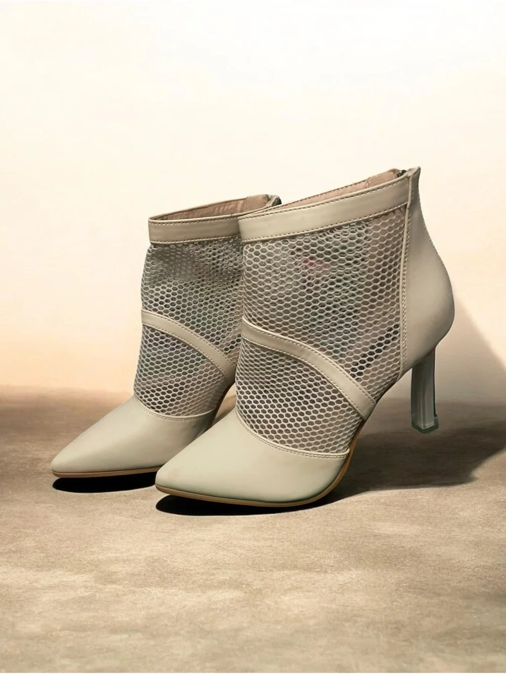 Women's Mesh Pointed-Toe Ankle Boot in Light beige